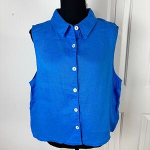 Joie Womens Blue 100% Linen Sleeveless Button Down Collared Shirt Top XL